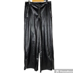 PrettyLittleThing Vegan Faux Leather Zip Front Wide Leg Trouser Black Size 6 New